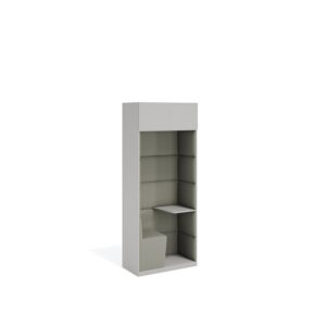 Layer Dolap — Grey single-person work booth with fabric-covered interior panels and a small shelf, on a white studio background