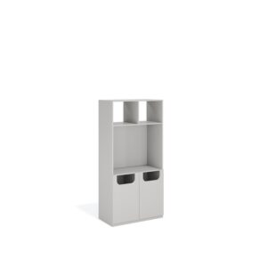 Layer Dolap — Light gray wooden cabinet with open shelves on top and two handleless doors at the bottom, on a white studio background