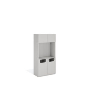 Layer Dolap — Grey cabinet with a two-door upper compartment, an open middle shelf, and a two-door lower compartment on a white studio background