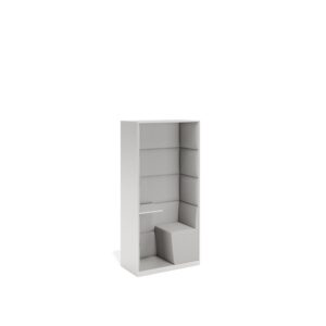 Layer Dolap — A single person work booth with gray fabric upholstery and white wooden frame on a white studio background