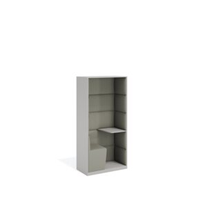 Layer Dolap — Grey wood and fabric-covered single work pod with seating area and shelf, on a white studio background