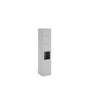 Layer Dolap — Tall, narrow, light gray cabinet with two drawers and one open shelf on a white studio background