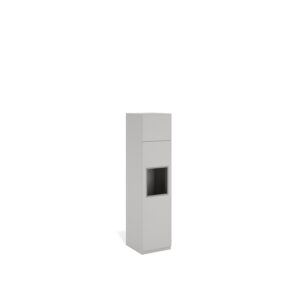 Layer Dolap — A narrow, tall, gray cabinet with a single door and an open shelf in the middle, on a white studio background