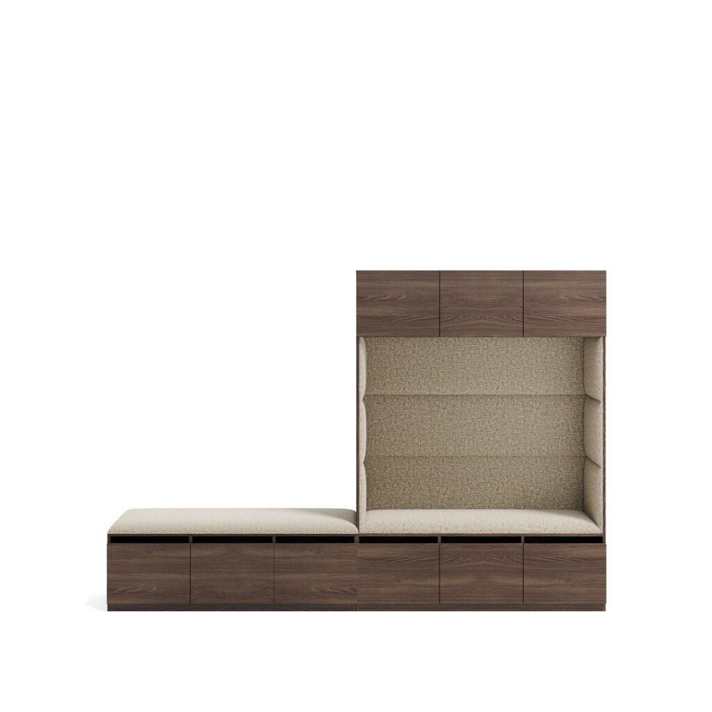 Layer Dolap — L-shaped seating unit with dark wood look, beige fabric upholstery, and storage on a white studio background