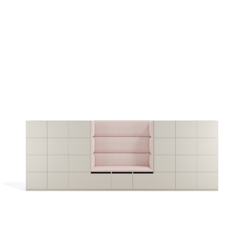 Layer Dolap — Cream wooden cabinet unit with a pink fabric upholstered, partitioned seating area in the middle on a white studio background