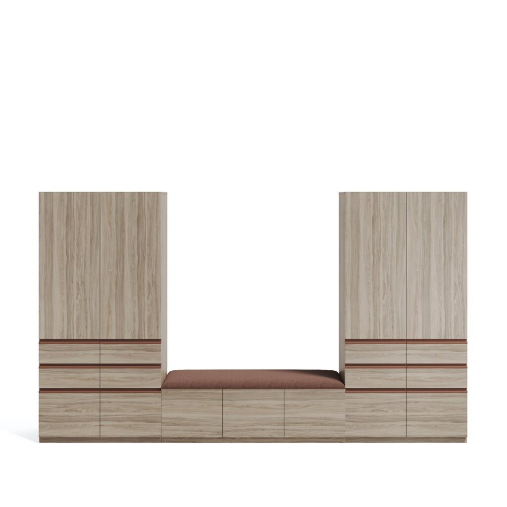 Layer Dolap — Light wood textured cabinet and drawers with a brown cushioned bench in the middle
