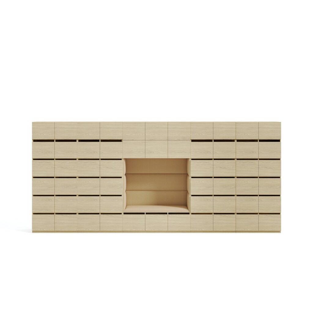 Layer Dolap — A long light wood textured cabinet with drawers and an open compartment in the middle, on a white studio background