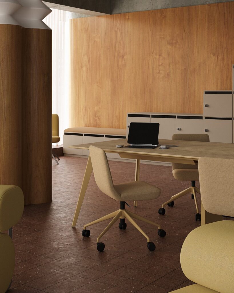 Layer Dolap — An office setting with beige modular cabinets and benches with doors, leaning against a wooden paneled wall