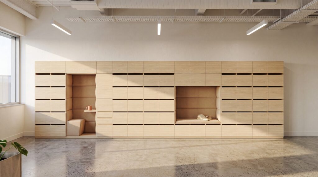 Layer Dolap — A long cabinet with light wood veneer, compartments, and two seating alcoves, in a modern office setting