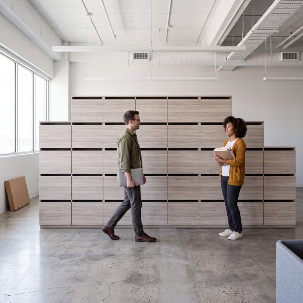 Layer Dolap — A light wood-textured, modular, multi-compartment cabinet in an office setting with two people