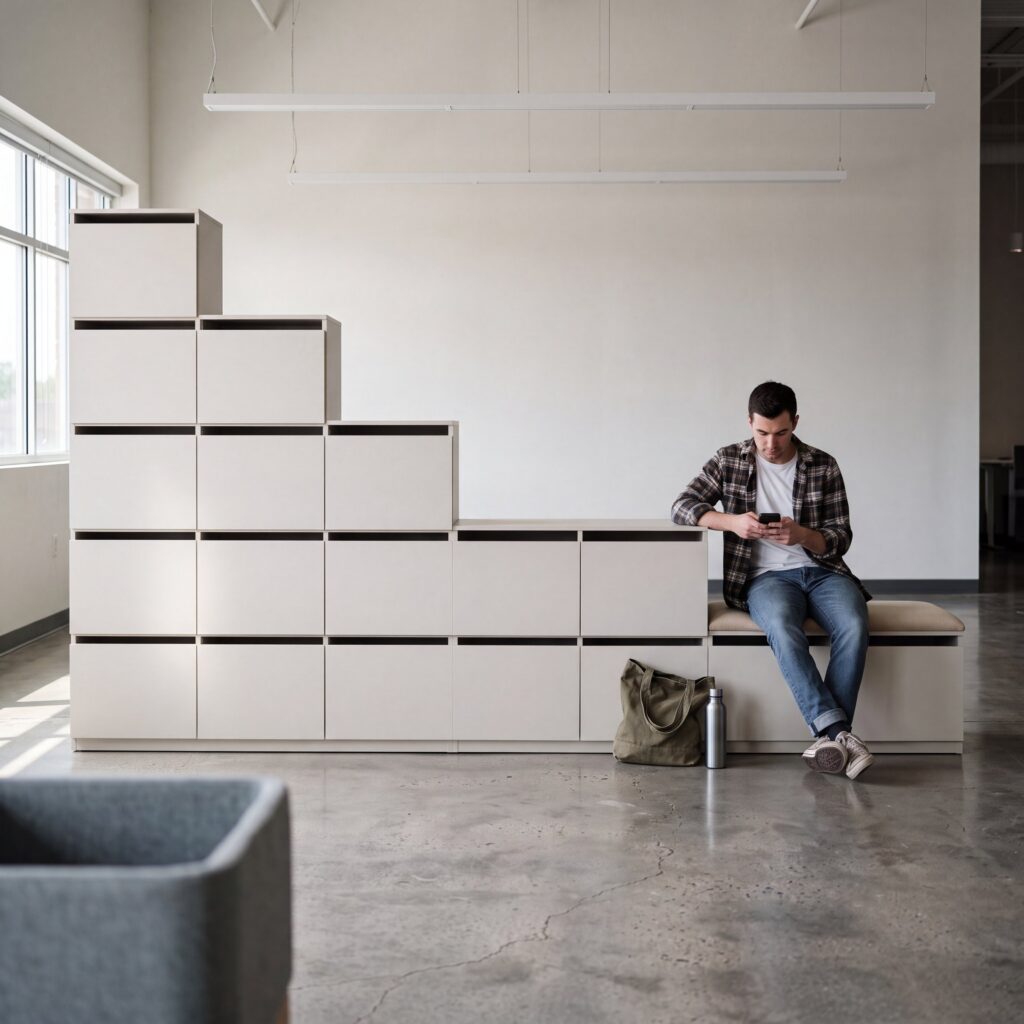 Layer Dolap — Beige modular cabinet in a staircase shape with a man sitting on the bench in a white office setting