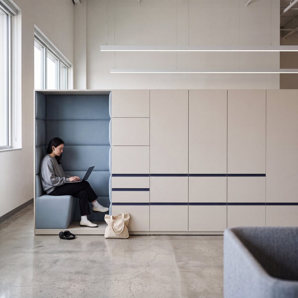 Layer Dolap — A light-colored, modular cabinet unit in a modern office setting with a woman sitting inside