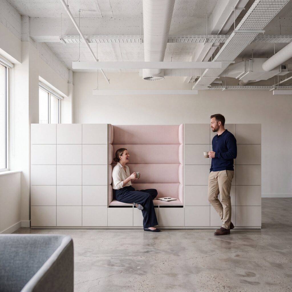 Layer Dolap — White modular cabinet unit, pink upholstered seating area, two people drinking coffee in a modern office setting
