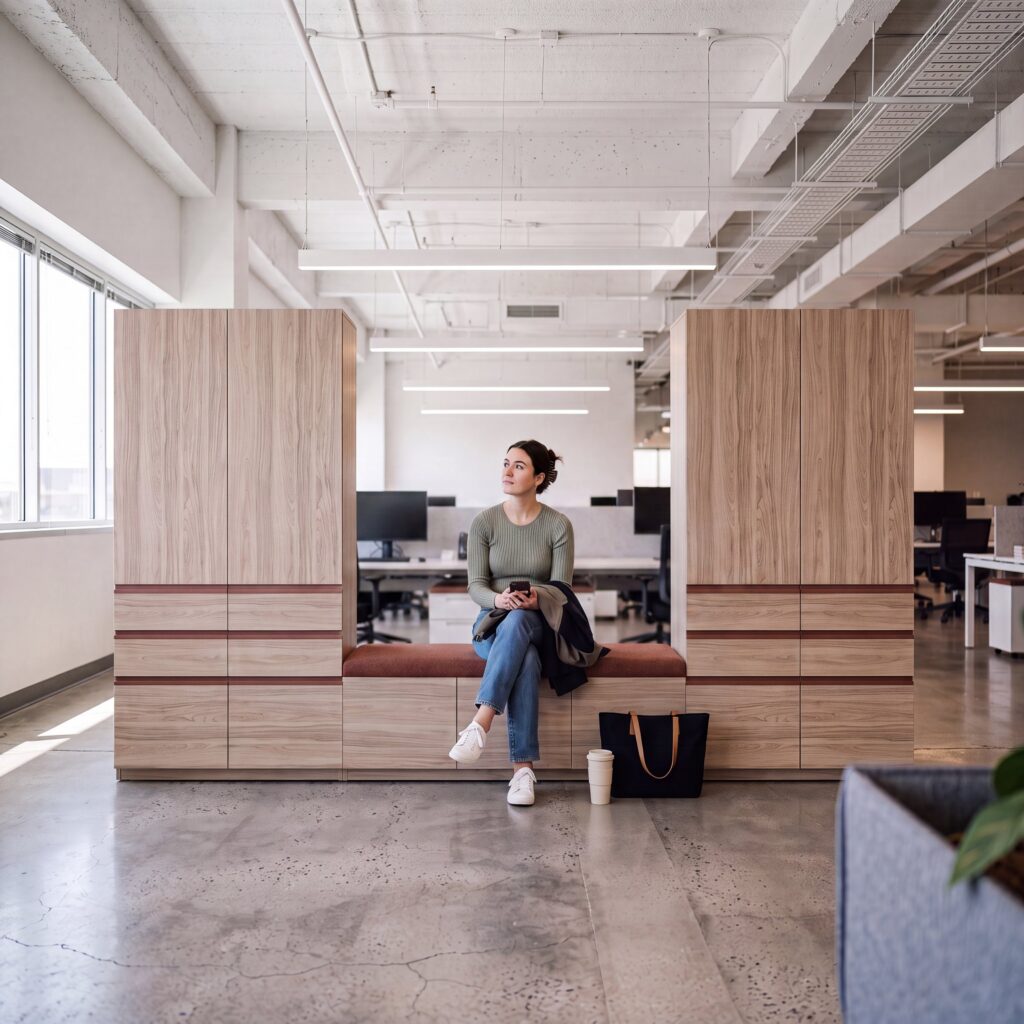 Layer Dolap — A woman sitting on a wooden cabinet unit with burgundy details in an open office, with her bag and coffee next to her