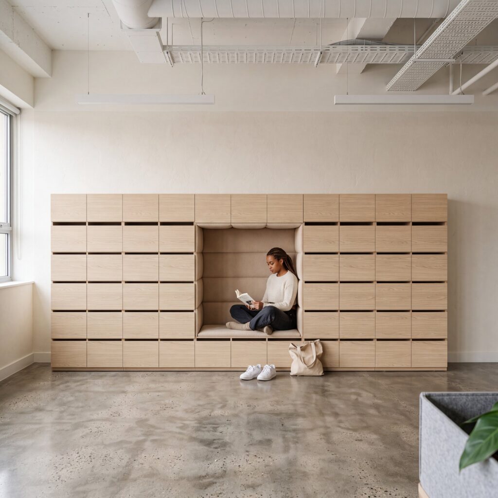 Layer Dolap — A woman reading a book in a cushioned niche in the middle of a light wood drawer cabinet unit