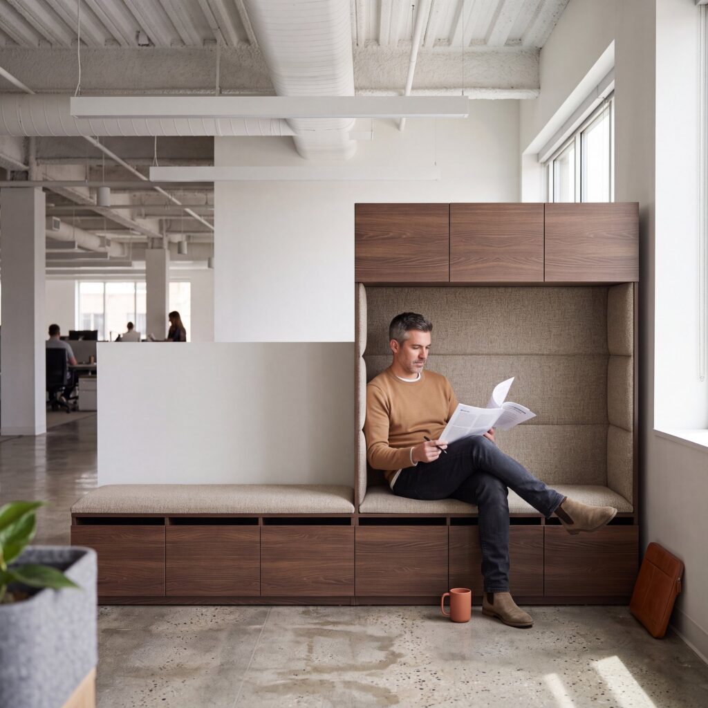 Layer Dolap — A man sitting in a wood and fabric upholstered cabinet with compartments and storage, in a modern office setting