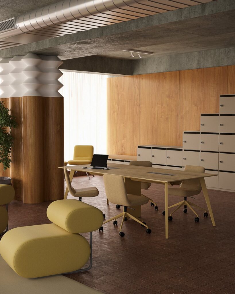 Layer Dolap — Stepped beige modular lockers against a light wood paneled wall