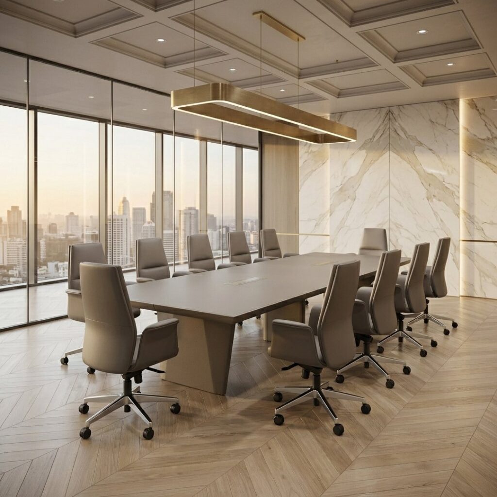 Loft — Gri tonlarında, dikdörtgen, modern bir toplantı masası, çevresinde tekerlekli ofis sandalyeleri, şehir manzaralı bir ofis ortamında
