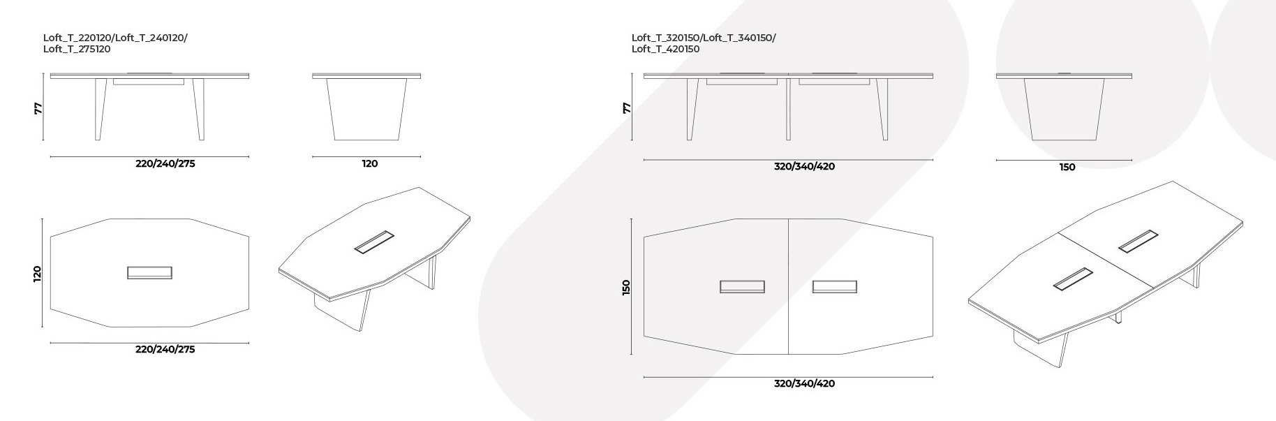 Loft — teknik ölçü çizimi: ön, yan, üst görünüş ve perspektif