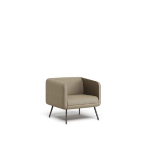 Set — Single waiting armchair upholstered in beige fabric with metal legs on a white studio background