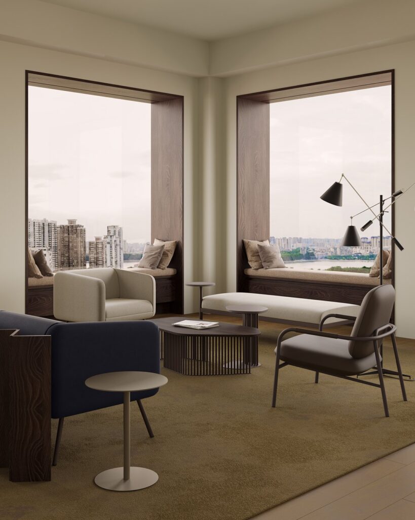 Set — Beige, navy, and brown lounge chairs, side tables, and a bench in a modern lobby