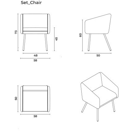 Set — technical dimension drawing: front, side, top and perspective views