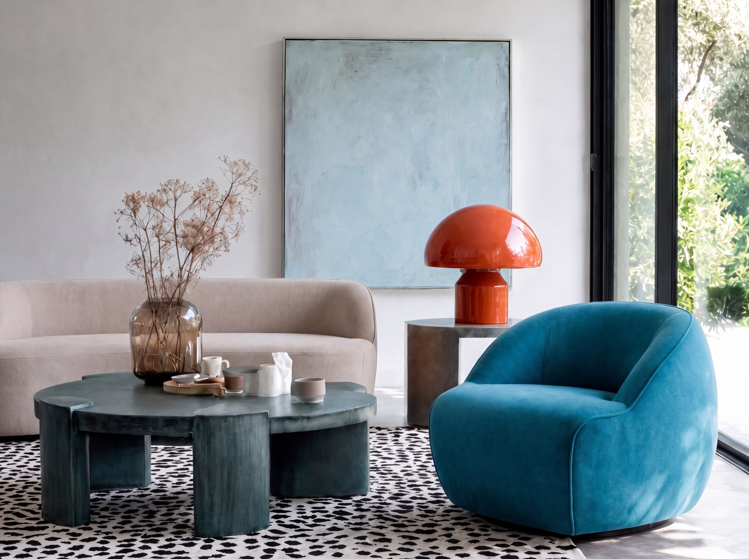 Blue velvet Bubby armchair in a bright sitting area with a cream curved sofa and a round coffee table