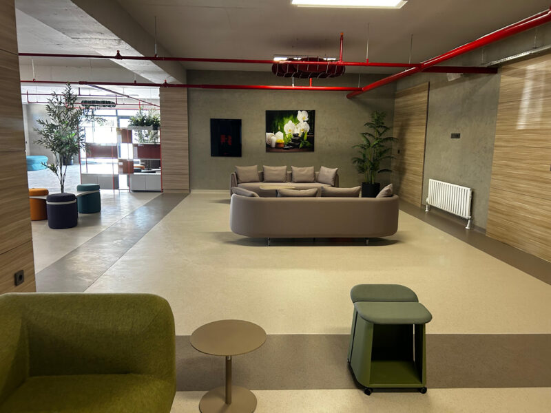 Karşılama lounge’u, gri kanepe ve orta sehpa