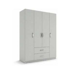 Açık gri 4 kapılı, 2 çekmeceli gardırop, beyaz fonda üç çeyrek ürün görünümü