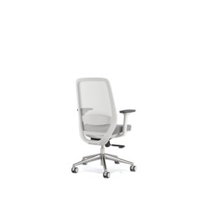 Olive — A white mesh back office chair with a grey fabric seat on wheels, on a white studio background
