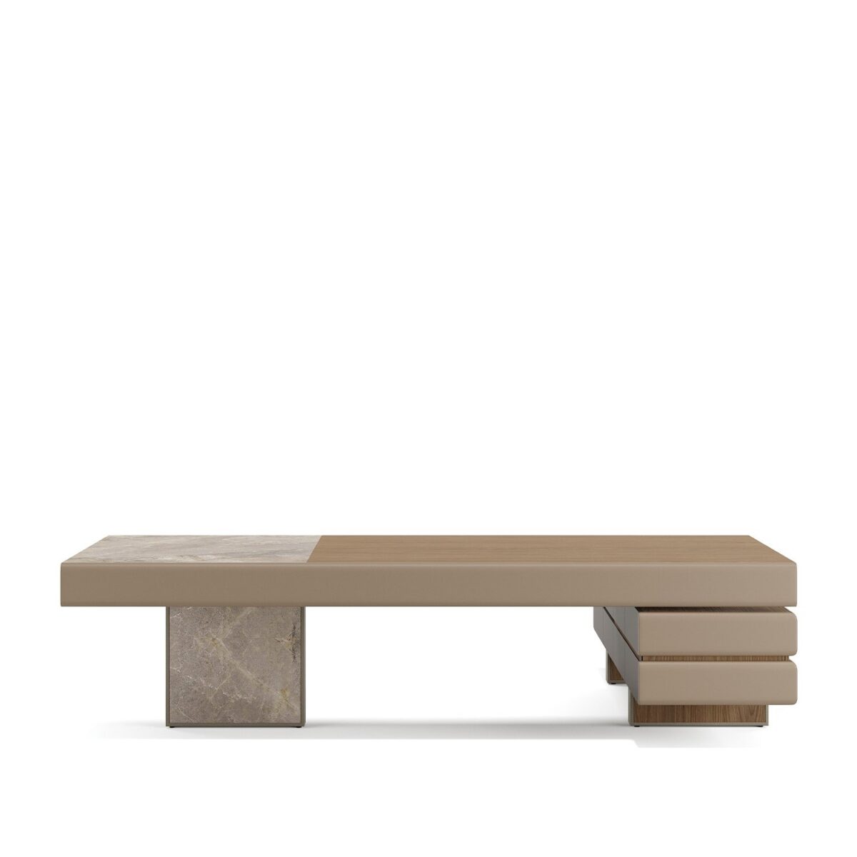 Plato — Beige wooden and marble console or executive desk with drawers on a white studio background