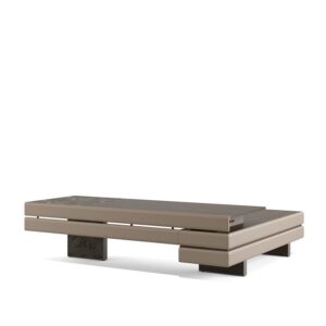 Plato — A rectangular, modern console or executive desk in beige and dark wood tones stands on a white studio background