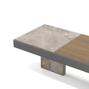 Plato — A console or executive desk with grey marble and wood surface, grey edges, and marble legs, on a white studio background
