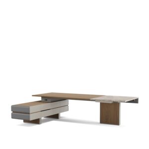 Plato — Modern executive desk with wood and marble surfaces and drawers, on a white studio background