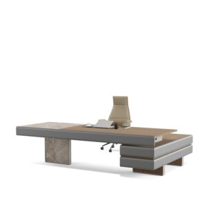 Plato — Executive desk with wood and marble details, beige office chair, laptop and coffee cup on a white studio background