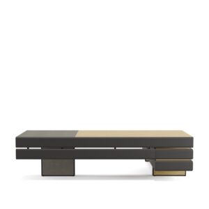 Plato — Modern executive desk with dark grey and light wood surfaces and drawers on a white studio background
