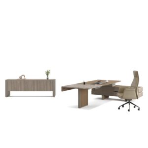 Plato — Light wood and beige executive desk, console, and wheeled office chair on a white studio background