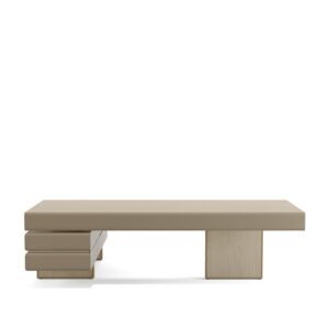 Plato — Beige modern console or executive desk with wooden details and drawers on a white studio background