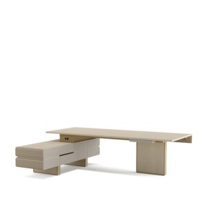 Plato — Modern executive desk in light wood and beige tones with drawers and side storage units, on a white studio background
