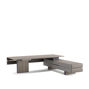 Plato — Modern executive desk with gray wood and leather details, with drawers on a white studio background