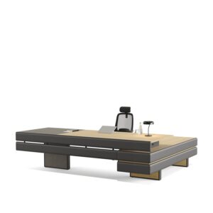 Plato — Executive desk with black leather and light wood surface, with an office chair and desk lamp on a white studio background