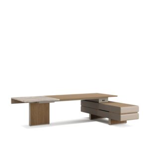 Plato — Modern executive desk with marble and wood surfaces, with drawers, on a white studio background