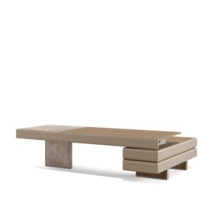 Plato — Rectangular executive desk in beige with marble and wood details on a white studio background