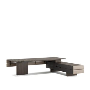 Plato — Dark wood executive desk with marble top and beige leather details, with drawers, on a white studio background