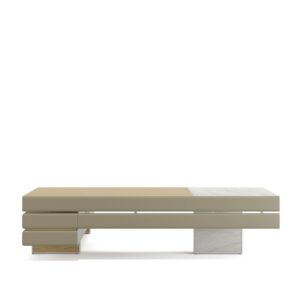 Plato — Rectangular console or executive desk with beige leather and wood details, marble surface on a white studio background
