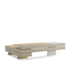 Plato — Modern console or executive desk with beige leather and wood details, marble leg on a white studio background