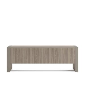Plato — Light brown wood-textured console with a grey frame and four doors on a white studio background