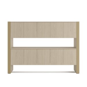 Plato — A console with light wood doors and a beige metal frame, with an open shelf in the middle, on a white studio background