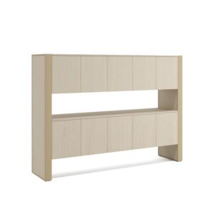 Plato — Light wood-look console with closed compartments and an open shelf, standing against a white studio background