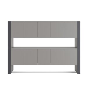 Plato — A modern console in grey and dark grey with closed compartments and an open shelf, on a white studio background